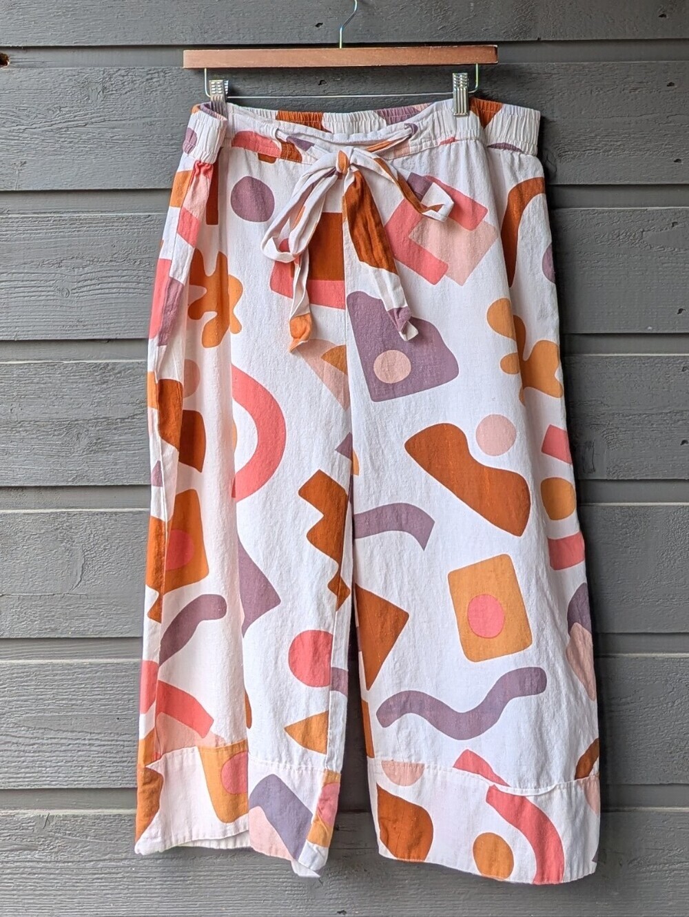 PWide Leg Tie-Waist Crop Pants Multicolor Abstract Print XXL/3XL 100% Cotton